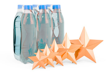 Water bottles with five golden stars. Customer rating of mineral water. 3D rendering