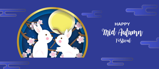Mid autumn festival banner with cute rabbits and the moon  in paper cut style