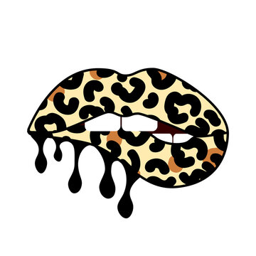 Bitting lips with leopard print. Dripping paint. Cheetah design. Isolated vector illustration. Trendy sticker