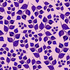 Seamless pattern of leaves in purple colors. Watercolor violet leafy twigs isolated on light tender pink background. Hand drawn round pointed foliage. Perfect for wrapping paper, textile and backdrop.