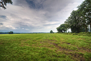 scenic view of fields against cloudy sky
