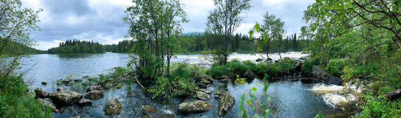Spring flooding of the river. A wide panorama of the blue surface on the will of green foliage and trees. Karelia. north. national park.Green thickets on the left and right. Trees.