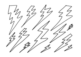 set of hand drawn vector doodle electric lightning bolt symbol sketch illustrations. thunder symbol doodle icon .