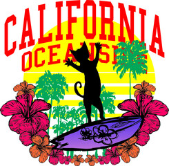 California surfing cat graphic design vector art
