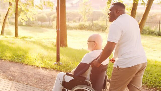 African-American caregiver and old disabled man in a wheelchair. Professional nurse and handicapped patient in the park. Assistance, rehabilitation and health care. Golden hour sunset.