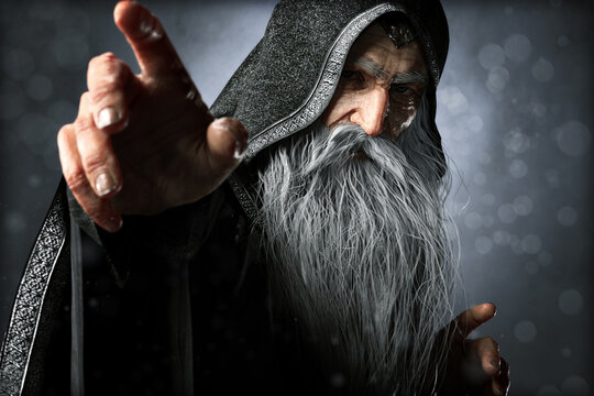 Portrait closeup of a wise Warlock old hooded wizard posing ready to cast an enchanted powerful spell  with a blue gradient background. 3d rendering
