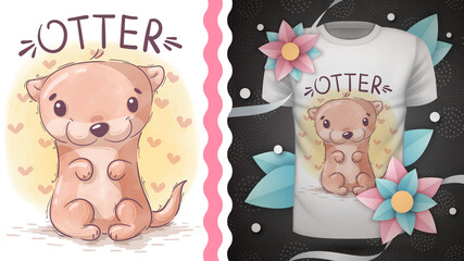 Watercolor cartoon character animal otter - idea for print t-shirt