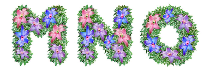 The letters M, N, O are made of Clematis flowers