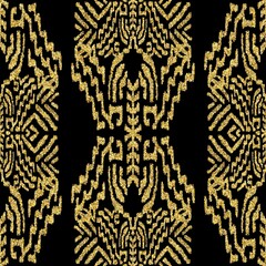 Seamless gold glitter on black tribal ethnic rug motif pattern. High quality illustration. Boho nomad textile print. Abstract gypsy design. Seamless repeat raster jpg pattern swatch.