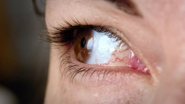 woman eye looking around and into the camera macro shot, female brown eye, cinematic