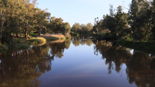 Macquarie river in Dubbo town of Australian Western plains-lazy waters in 4k.
