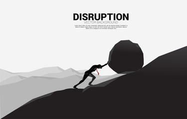 Silhouette of businessman pushing the big rock to the top of mountain. concept of business challenge and hard work. - obrazy, fototapety, plakaty