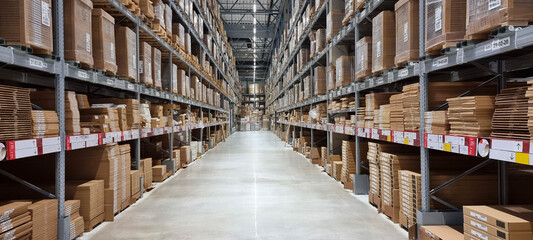 A row of warehouse shelves full of packaged goods in boxes