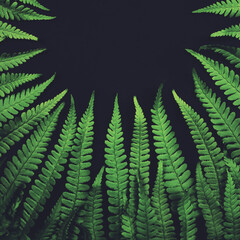 Frame of fern leaves on black background