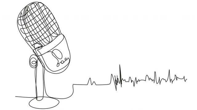 Self-drawing a microphone and sound waves in one line. Outline animation for podcast, audio show, musical intro. Stock video with studio microphone.