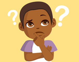 Little black boy pensive thinking with question mark on yellow background