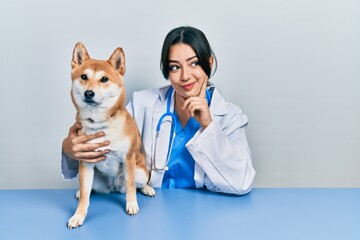 Beautiful hispanic veterinarian woman checking dog health serious face thinking about question with...