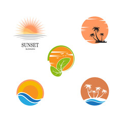 summer beach coast island, sea ocean with birds and summer sun rays logo design inspiration