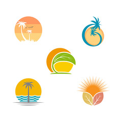 summer beach coast island, sea ocean with birds and summer sun rays logo design inspiration