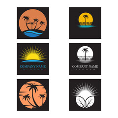 summer beach coast island, sea ocean with birds and summer sun rays logo design inspiration