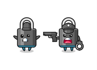 illustration of padlock robber with hands up pose caught by police