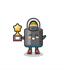 padlock cartoon as an ice skating player hold winner trophy