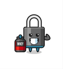 the muscular padlock character is holding a protein supplement