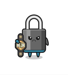padlock mascot character as a MMA fighter with the champion belt