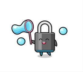 happy padlock cartoon playing soap bubble