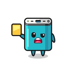 cartoon power bank character as a football referee giving a yellow card