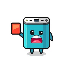 power bank cute mascot as referee giving a red card