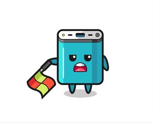 power bank character as line judge hold the flag down at a 45 degree angle