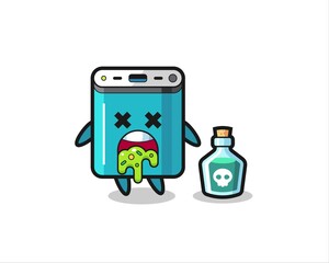 illustration of an power bank character vomiting due to poisoning