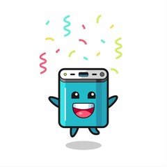 Fototapeta premium happy power bank mascot jumping for congratulation with colour confetti