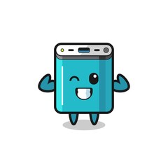 the muscular power bank character is posing showing his muscles