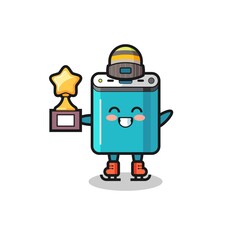 power bank cartoon as an ice skating player hold winner trophy