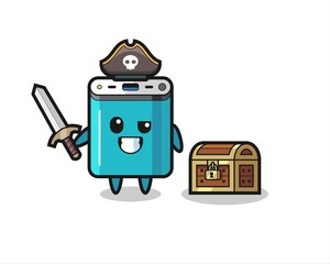 the power bank pirate character holding sword beside a treasure box