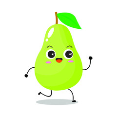 Vector illustration of green pear character with cute expression, happy, fun run, adorable green apple isolated on white background, simple minimal style, fresh fruit for mascot collection, emoticon