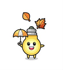 cartoon of the cute light bulb holding an umbrella in autumn