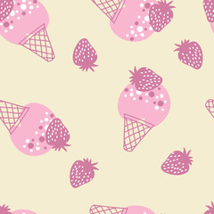 Strawberry ice cream seamless pattern. Design for T-shirt, textile and prints. Hand drawn vector illustration for decor and design.
