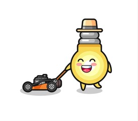 Fototapeta premium illustration of the light bulb character using lawn mower