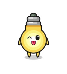 cute light bulb character in sweet expression while sticking out her tongue