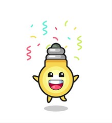 happy light bulb mascot jumping for congratulation with colour confetti