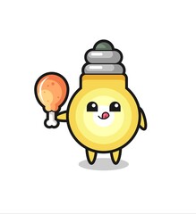 light bulb cute mascot is eating a fried chicken