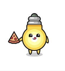cute light bulb cartoon eating pizza
