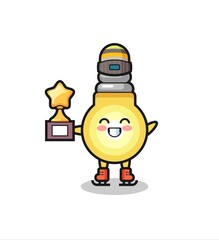 light bulb cartoon as an ice skating player hold winner trophy