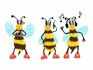 Three funny bees with gadgets.