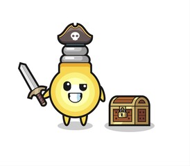 the light bulb pirate character holding sword beside a treasure box