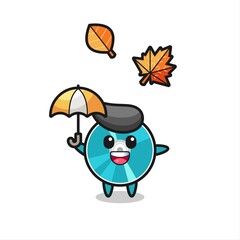 cartoon of the cute optical disc holding an umbrella in autumn