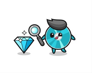 optical disc mascot is checking the authenticity of a diamond